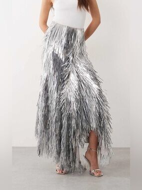 ASOS Arrange Silver Fringe Maxi Skirt - Sparkling Party Skirt